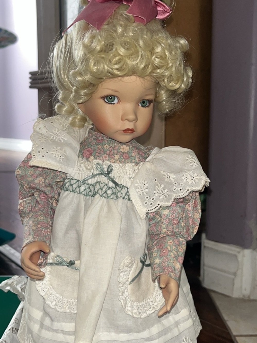 Porcelain Collector Doll in White and Pink Floral Dress